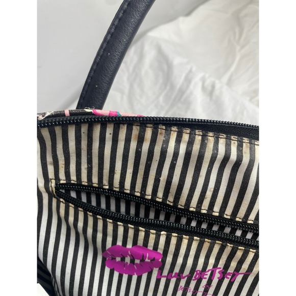 Betsey Johnson Satchel Bag Pink Black Floral Print Top Handle Crossbody Charm - Picture 6 of 12